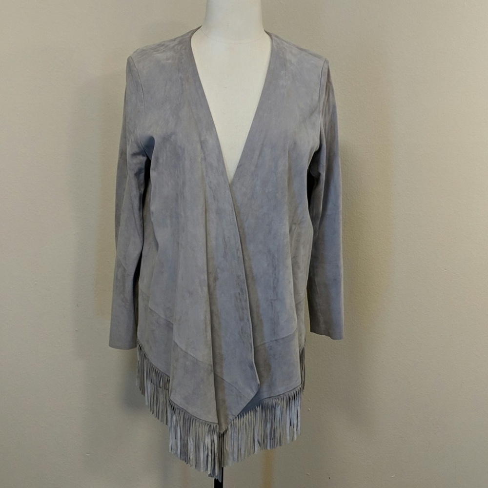 Light weight gray suede fringe jacket.